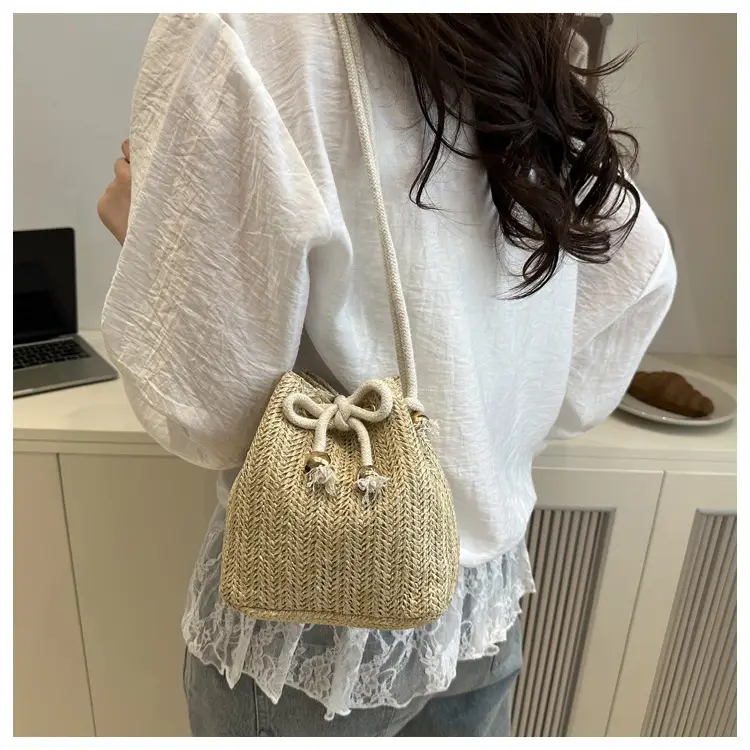 Stylish Beige Knitted Bucket Bag with Drawstring Closure — feature 50