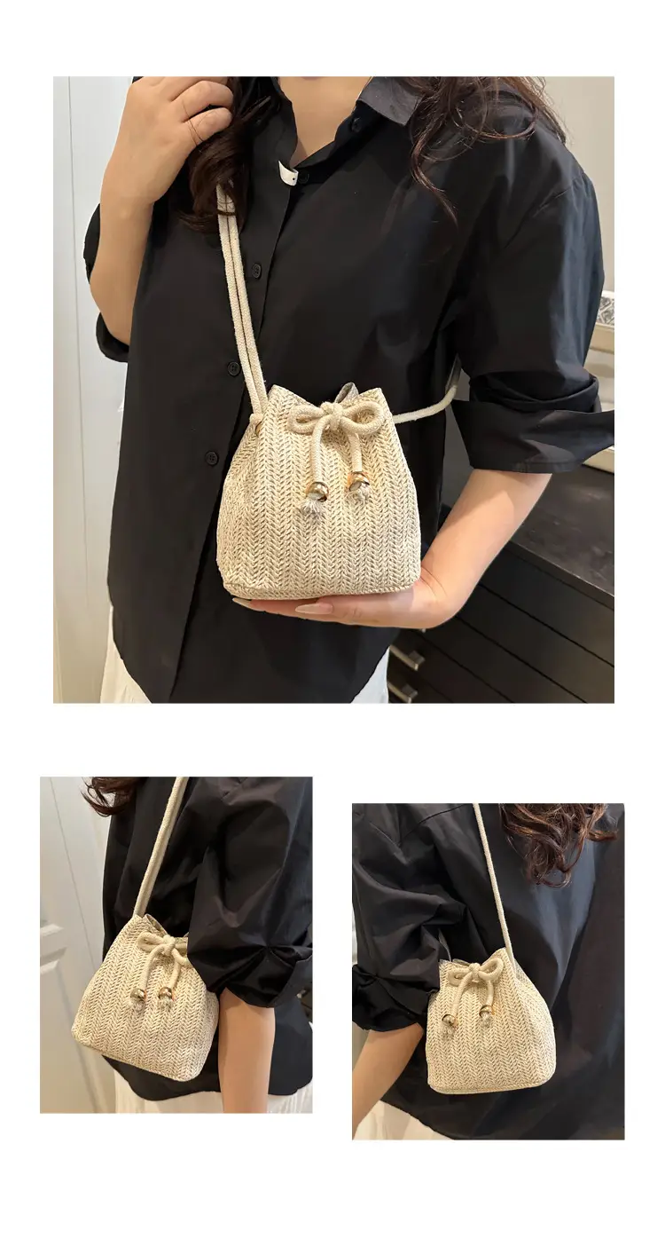 Stylish Beige Knitted Bucket Bag with Drawstring Closure — feature 7