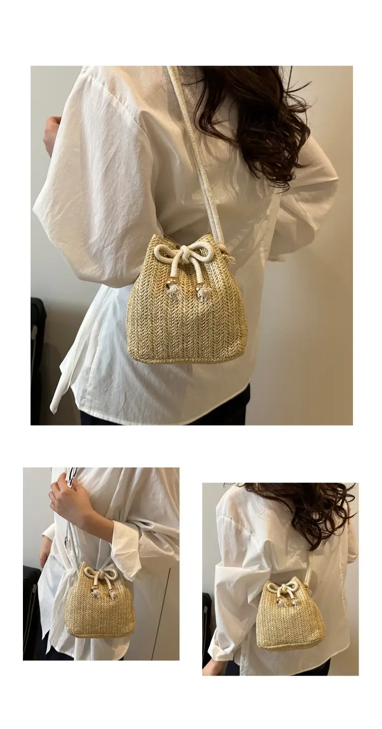 Stylish Beige Knitted Bucket Bag with Drawstring Closure — feature 8
