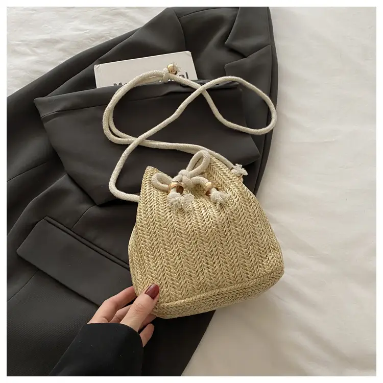 Stylish Beige Knitted Bucket Bag with Drawstring Closure — feature 9