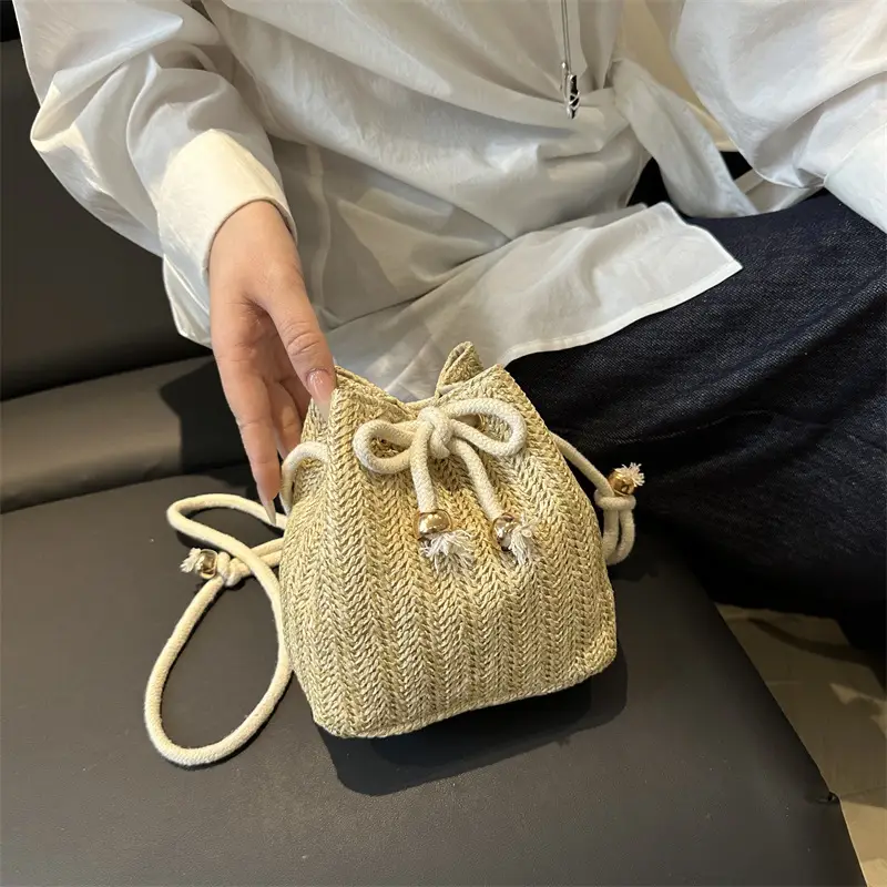 Stylish Beige Knitted Bucket Bag with Drawstring Closure