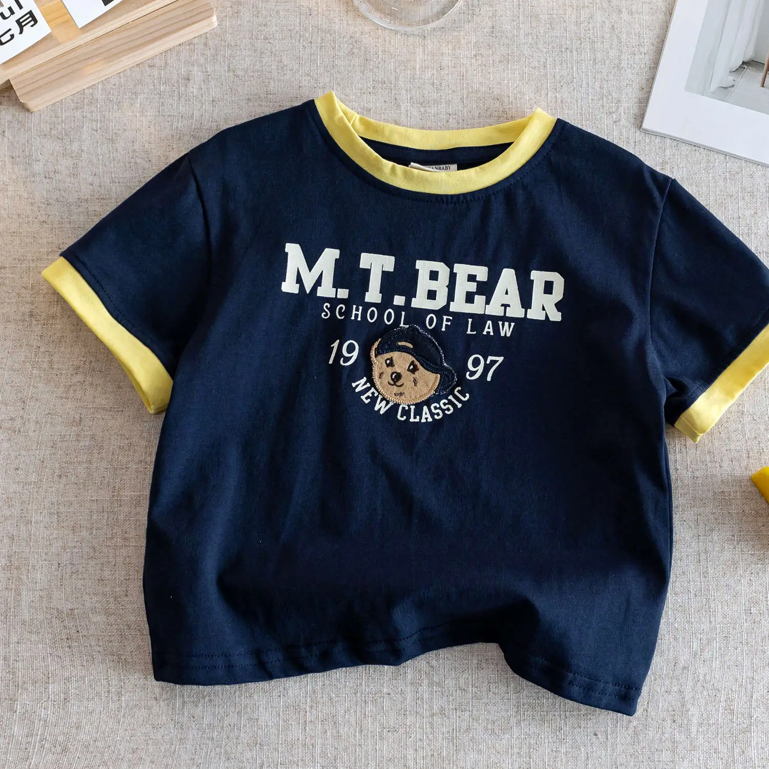 Boys Bear Embroidered Cotton T-Shirt Navy Yellow - Image 3