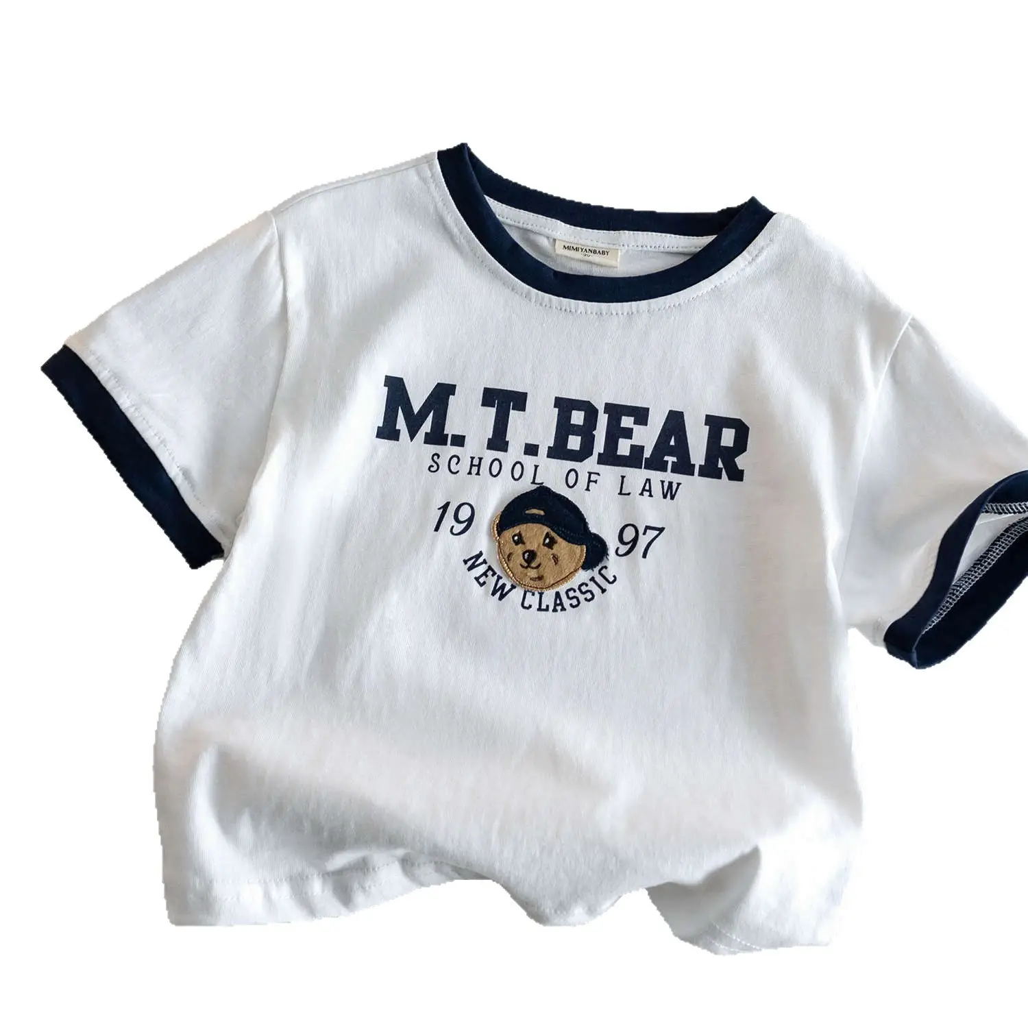 Boys Bear Embroidered Cotton T-Shirt Navy Yellow - Image 7