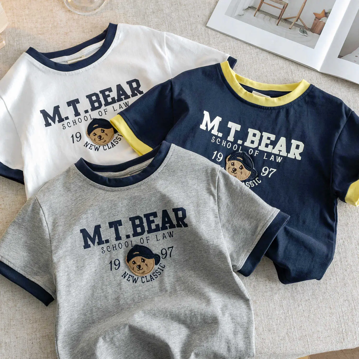 Boys Bear Embroidered Cotton T-Shirt Navy Yellow — feature 2