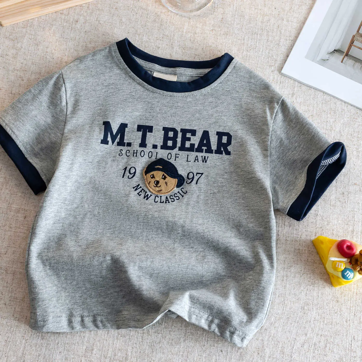Boys Bear Embroidered Cotton T-Shirt Navy Yellow — feature 3
