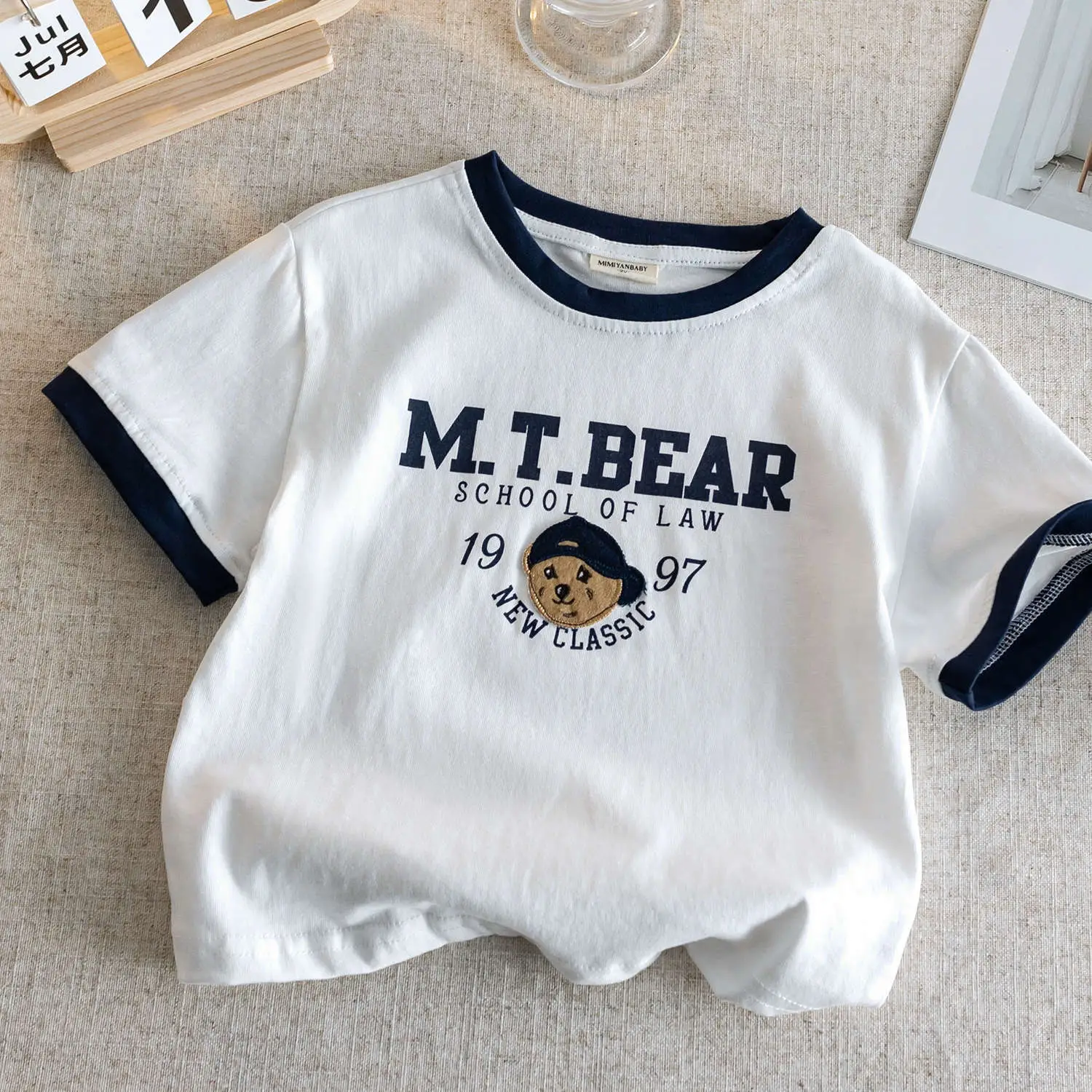 Boys Bear Embroidered Cotton T-Shirt Navy Yellow — feature 5
