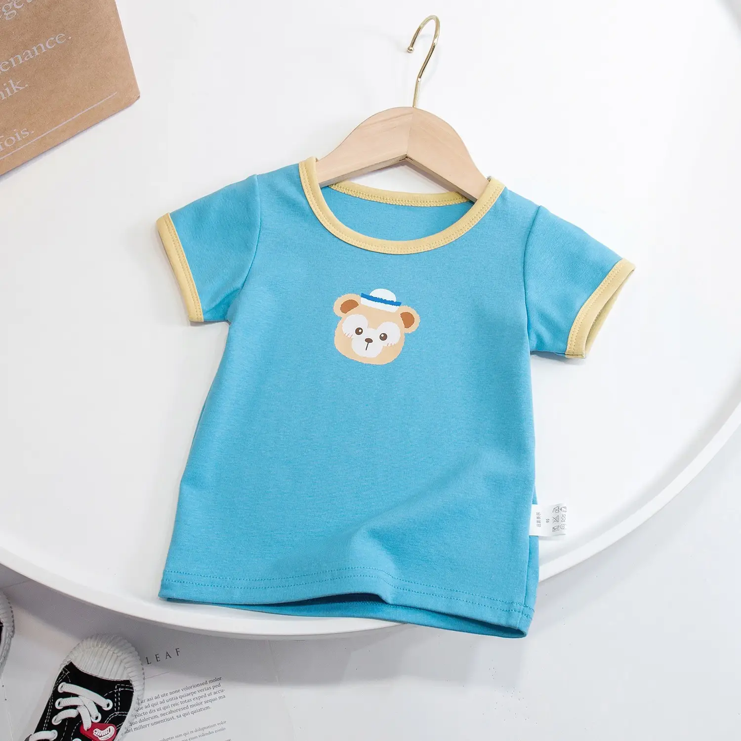Boys Bear Embroidered Cotton T-Shirt Navy Yellow - Image 4