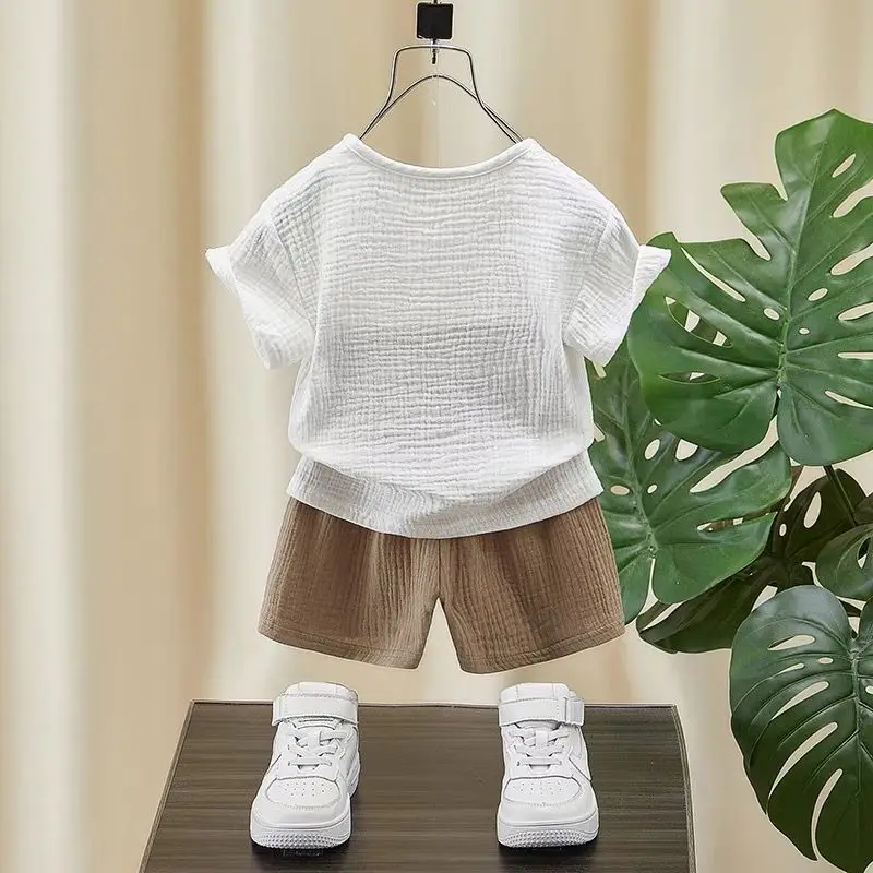 Boys Cotton Linen Summer Suit White Brown Shorts - Image 3