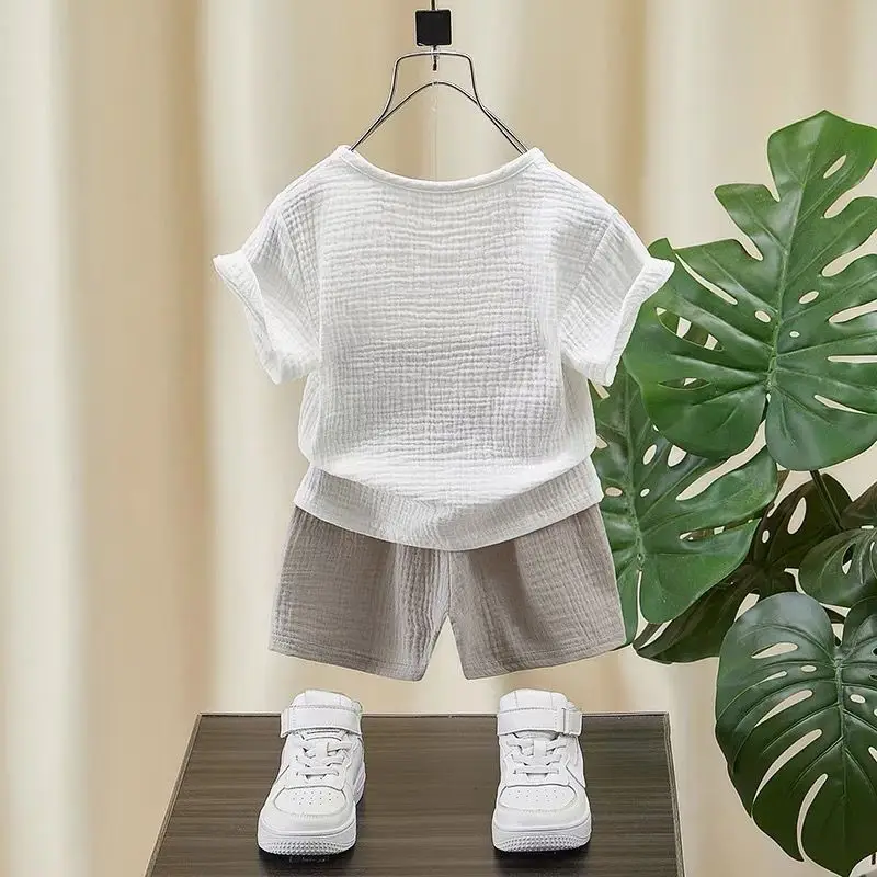 Boys Cotton Linen Summer Suit White Brown Shorts - Image 4