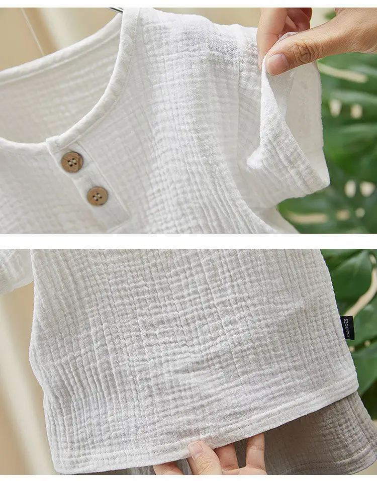 Boys Cotton Linen Summer Suit White Brown Shorts — feature 3