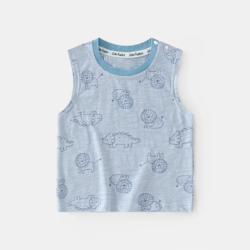 2025 New Boys Sleeveless T-Shirt Striped Blue Elephant Print - Image 2