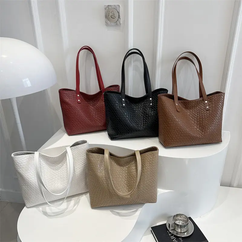 Women's Red Textured Shoulder Tote Bag Large Capacity - Image 7