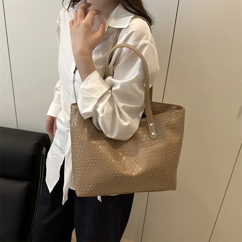 Women's Red Textured Shoulder Tote Bag Large Capacity - Image 9