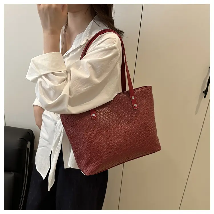 Women's Red Textured Shoulder Tote Bag Large Capacity — feature 13