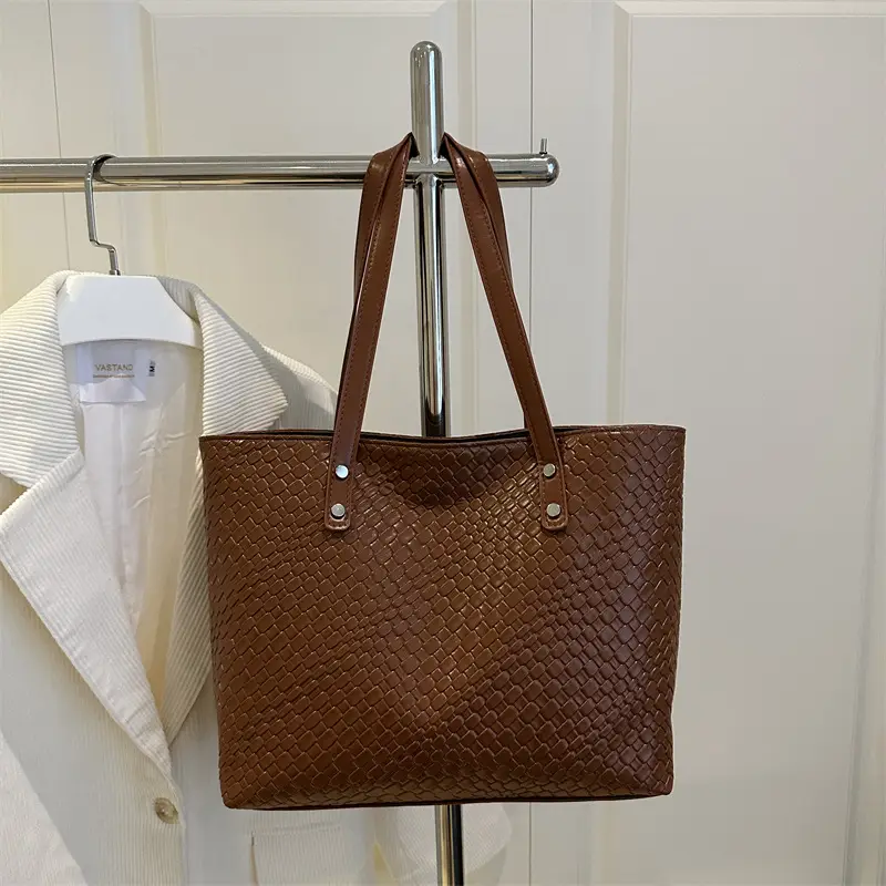 Women's Red Textured Shoulder Tote Bag Large Capacity - Image 3