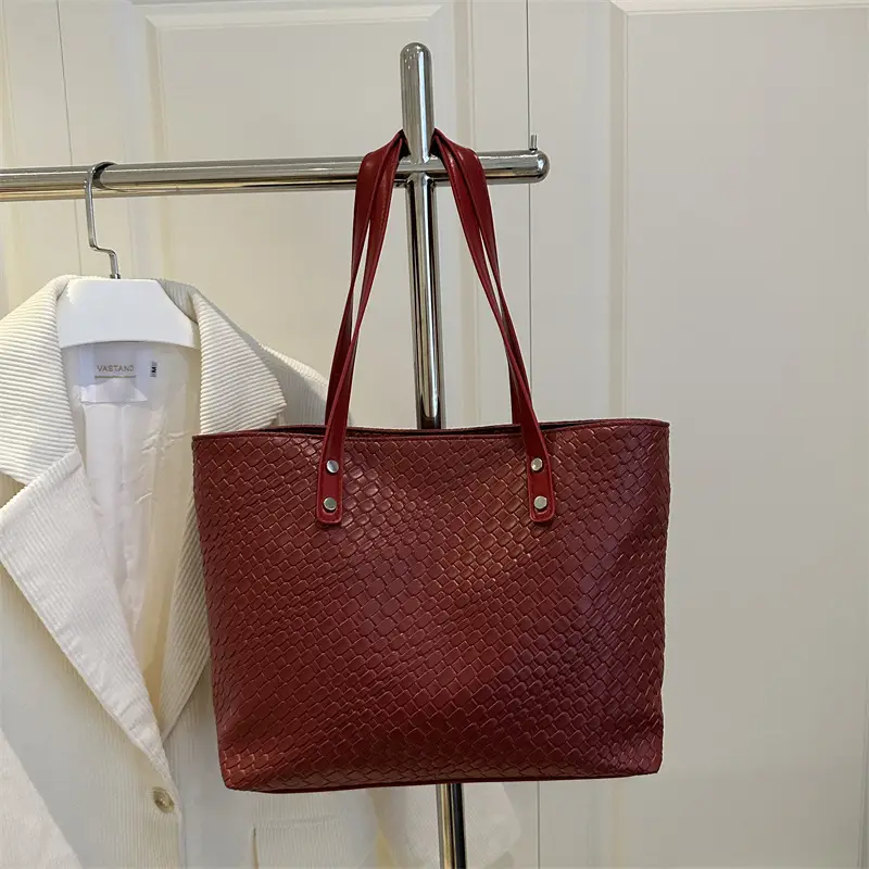 Women's Red Textured Shoulder Tote Bag Large Capacity - Image 4