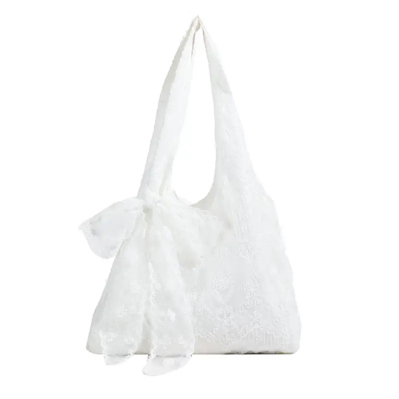 White Lace Flower Canvas Shoulder Bag for Women - Image 7
