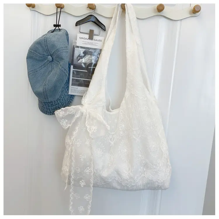 White Lace Flower Canvas Shoulder Bag for Women — feature 22