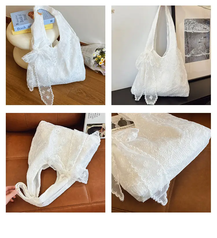 White Lace Flower Canvas Shoulder Bag for Women — feature 8