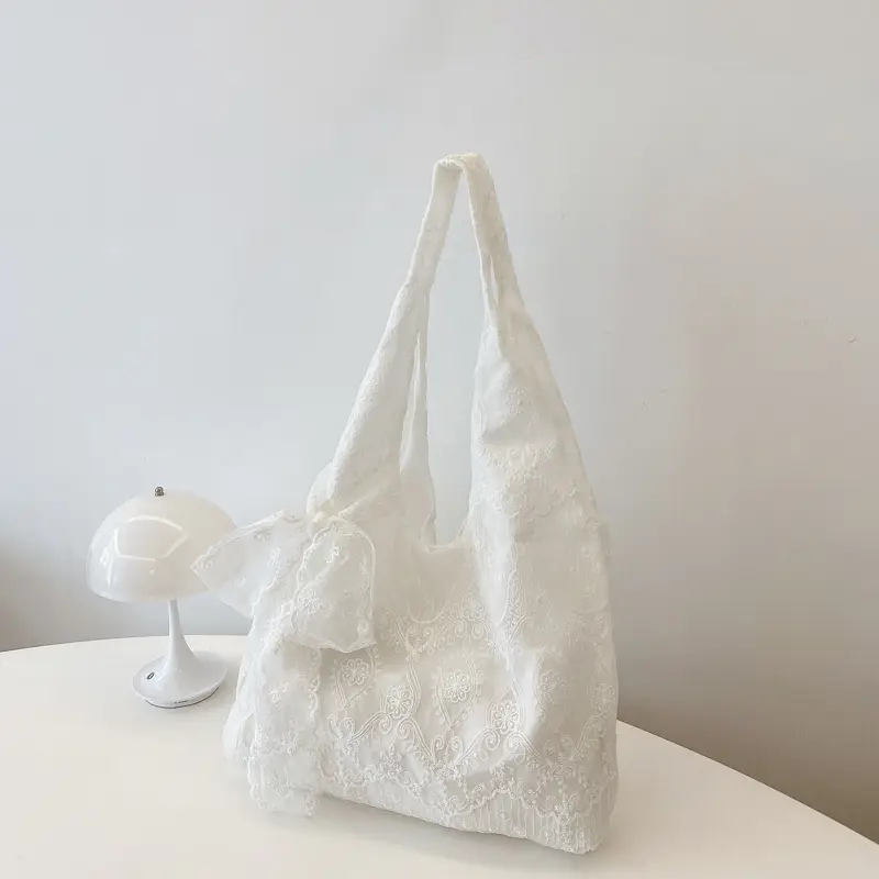 White Lace Flower Canvas Shoulder Bag for Women - Image 2