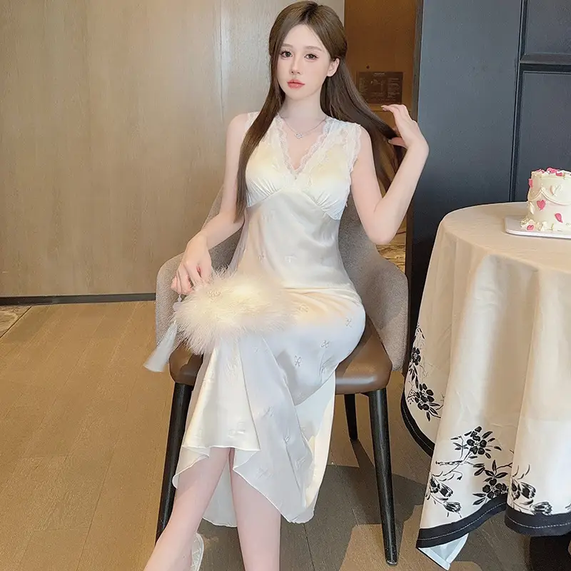Sexy Nightgown for Women, Summer Ice Silk Thin High-End Printed Long Skirt with Breast Pads, Spring & Fall Large Size Slimming Look Home Wear