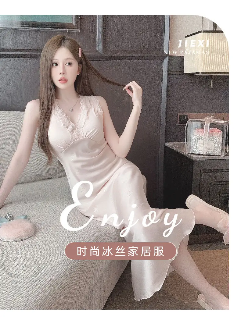 Sexy Nightgown for Women, Summer Ice Silk Thin High-End Printed Long Skirt with Breast Pads, Spring & Fall Large Size Slimming Look Home Wear — feature 1