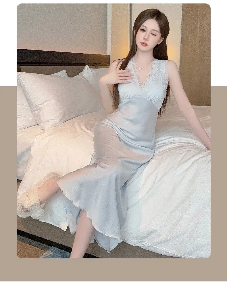 Sexy Nightgown for Women, Summer Ice Silk Thin High-End Printed Long Skirt with Breast Pads, Spring & Fall Large Size Slimming Look Home Wear — feature 10