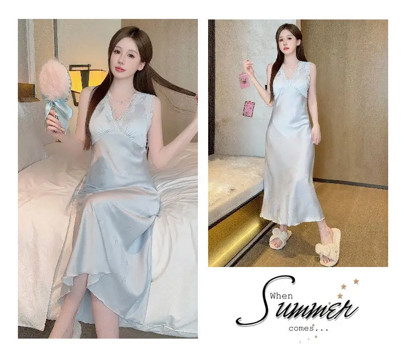 Sexy Nightgown for Women, Summer Ice Silk Thin High-End Printed Long Skirt with Breast Pads, Spring & Fall Large Size Slimming Look Home Wear — feature 11