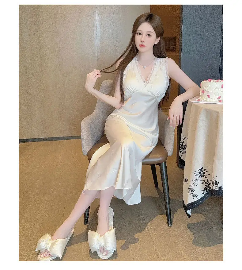 Sexy Nightgown for Women, Summer Ice Silk Thin High-End Printed Long Skirt with Breast Pads, Spring & Fall Large Size Slimming Look Home Wear — feature 13