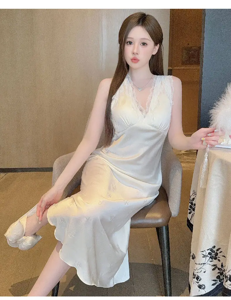 Sexy Nightgown for Women, Summer Ice Silk Thin High-End Printed Long Skirt with Breast Pads, Spring & Fall Large Size Slimming Look Home Wear — feature 14