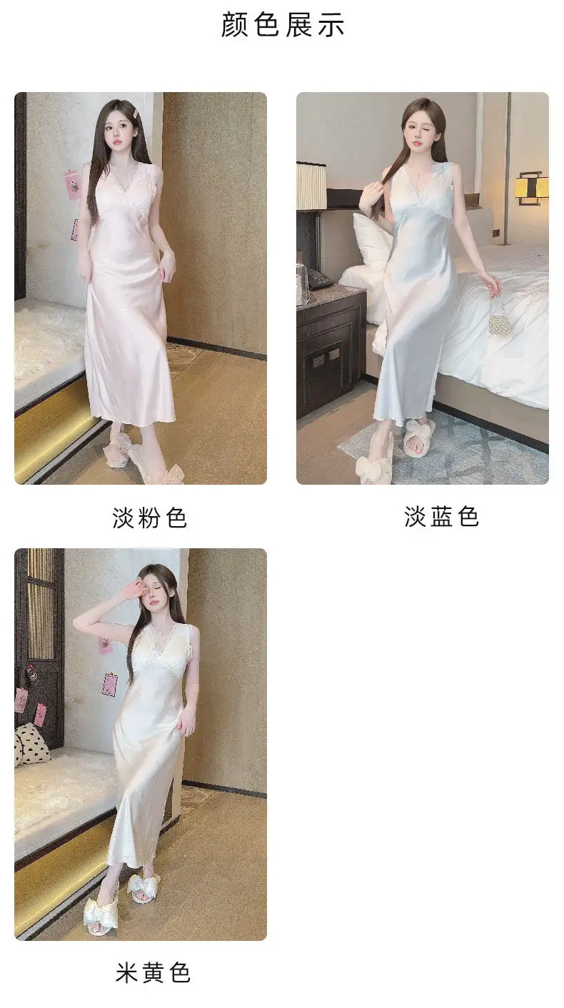 Sexy Nightgown for Women, Summer Ice Silk Thin High-End Printed Long Skirt with Breast Pads, Spring & Fall Large Size Slimming Look Home Wear — feature 4