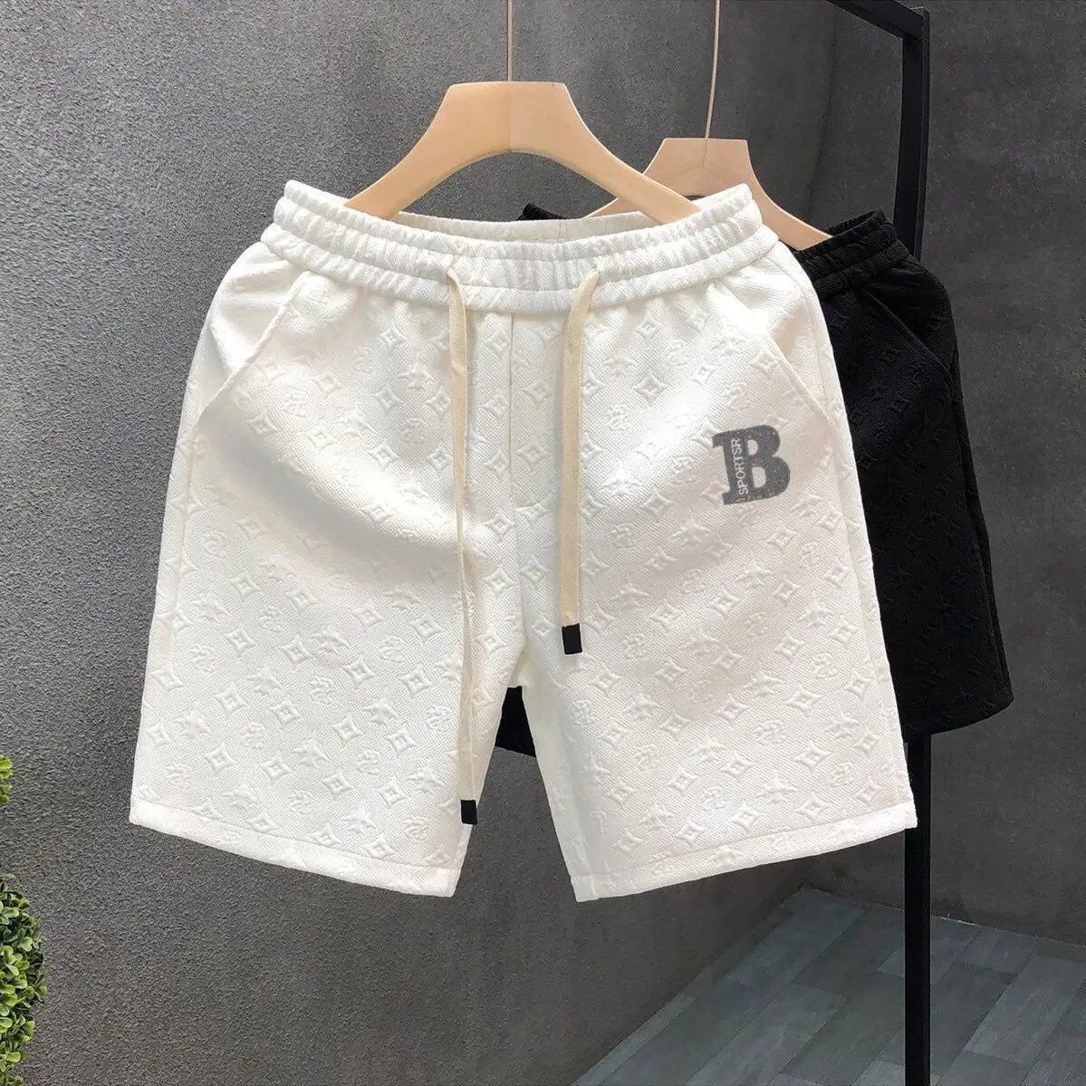 Men White Jacquard Drawstring Shorts — feature 3