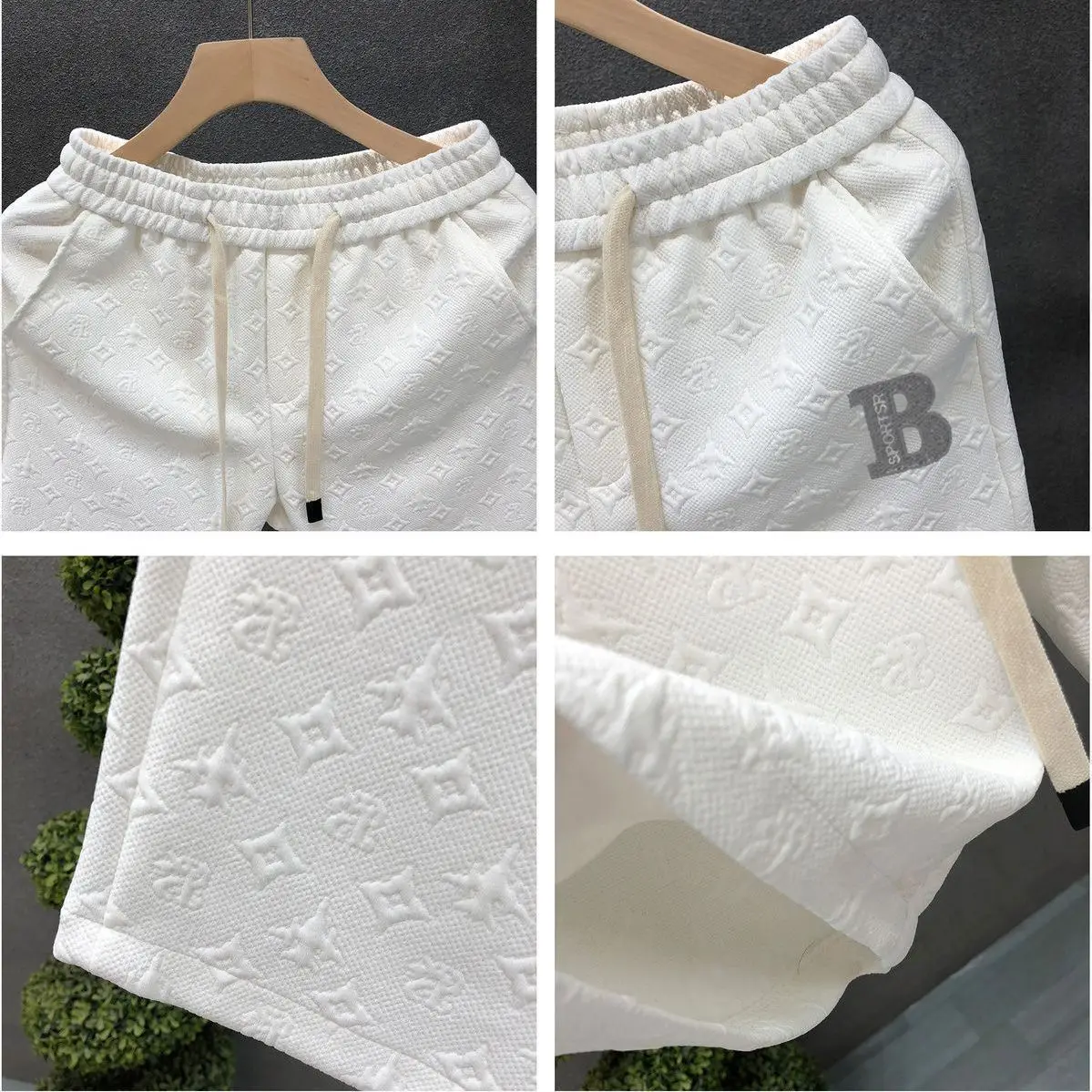 Men White Jacquard Drawstring Shorts — feature 7