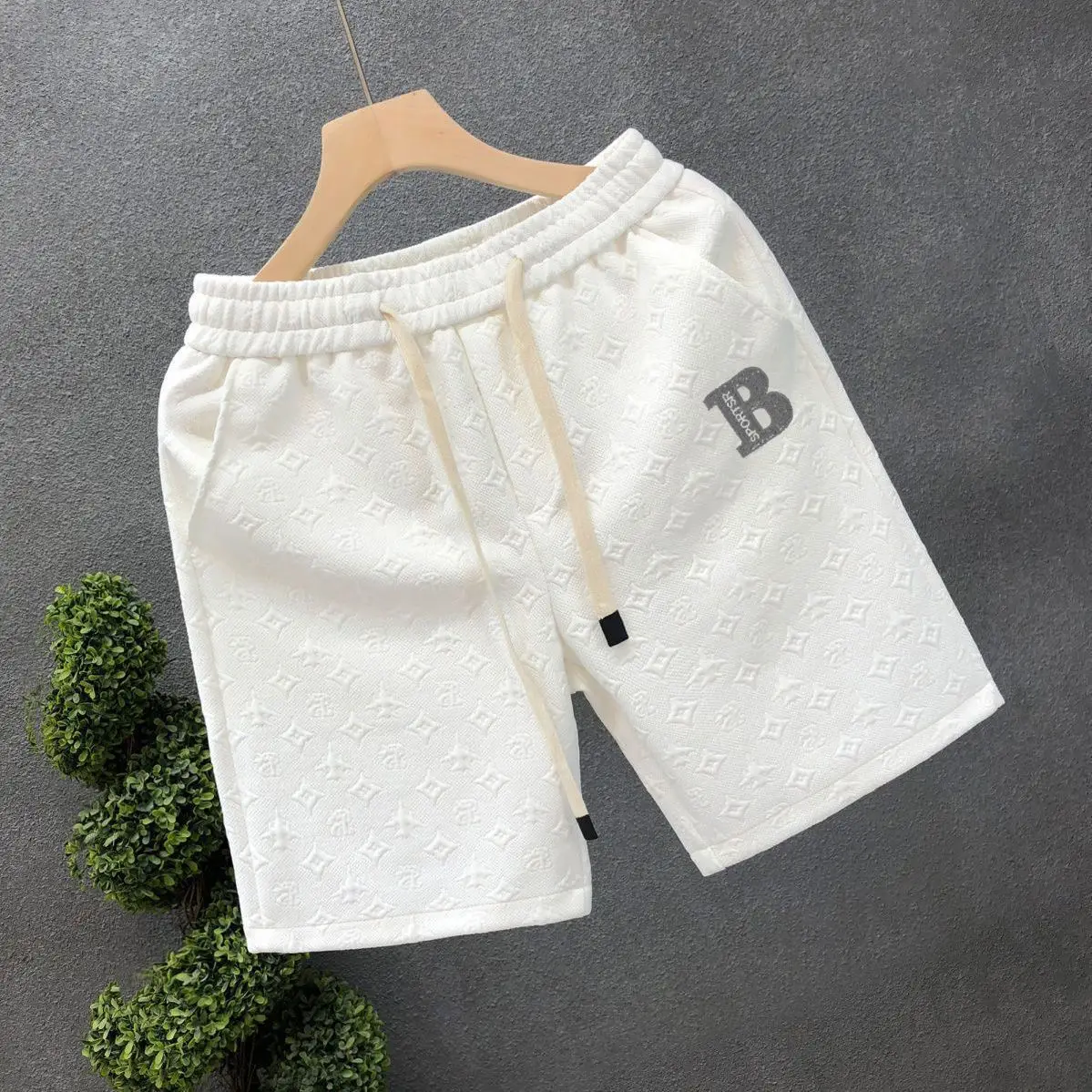 Men White Jacquard Drawstring Shorts — feature 9