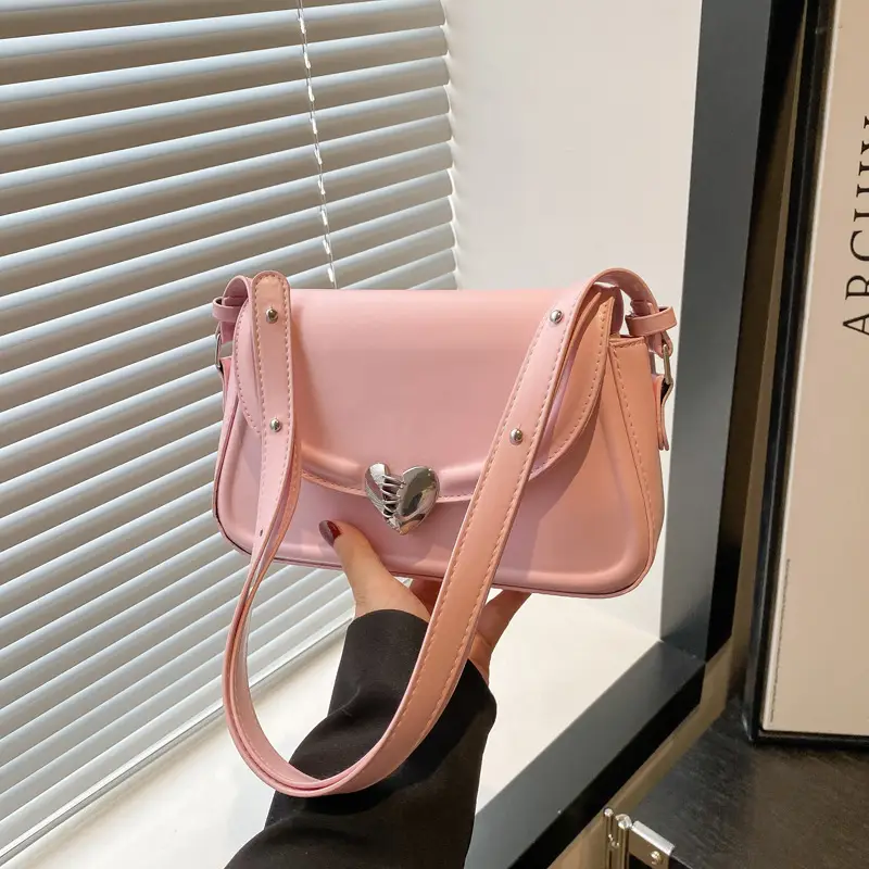 Pink French Style Heart Lock Shoulder Bag for Women - Image 6
