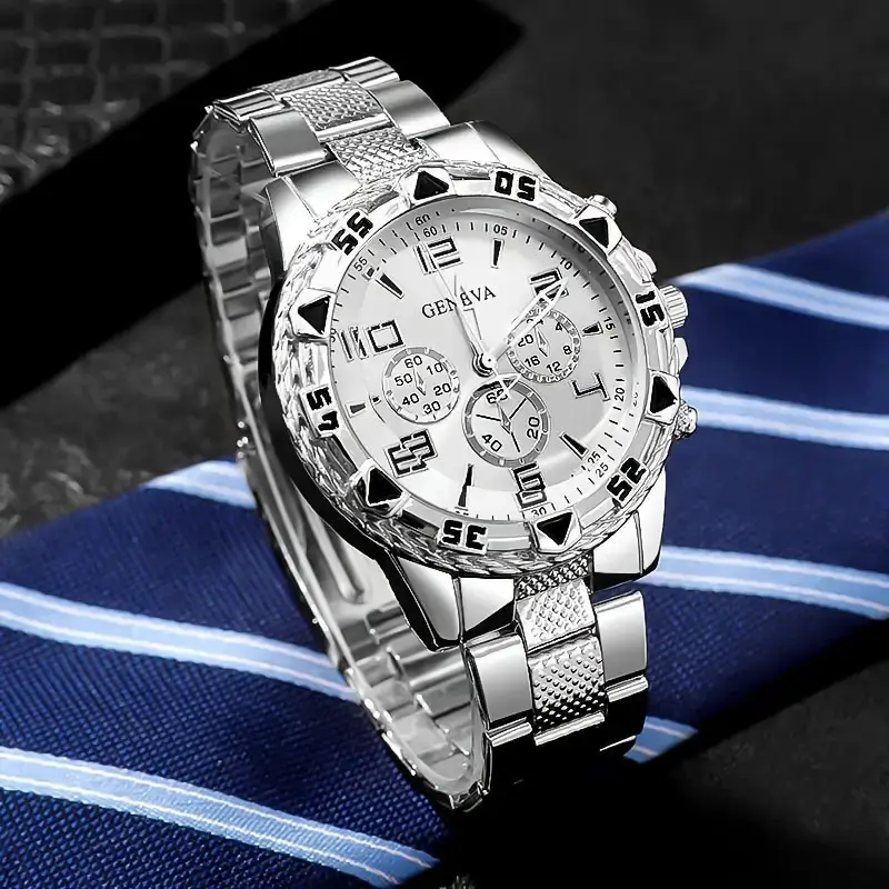 Men's Gold Chronograph Watch Blue Dial Quartz Steel Band - Image 6