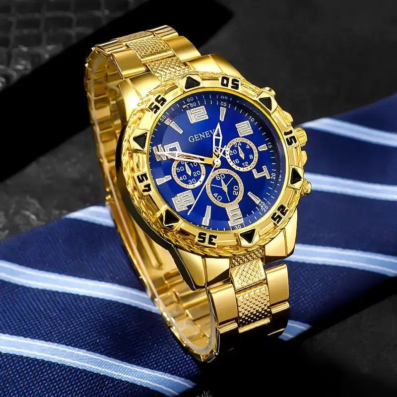 Men's Gold Chronograph Watch Blue Dial Quartz Steel Band - Image 8