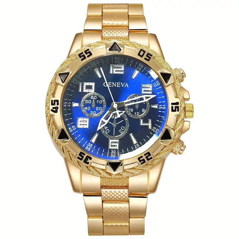 Men's Gold Chronograph Watch Blue Dial Quartz Steel Band - Image 9