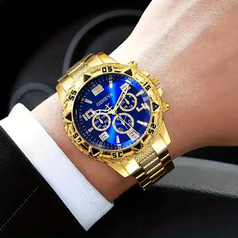 Men's Gold Chronograph Watch Blue Dial Quartz Steel Band — feature 1