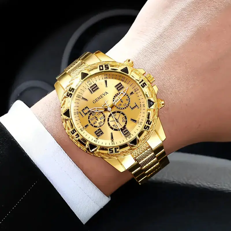 Men's Gold Chronograph Watch Blue Dial Quartz Steel Band — feature 2