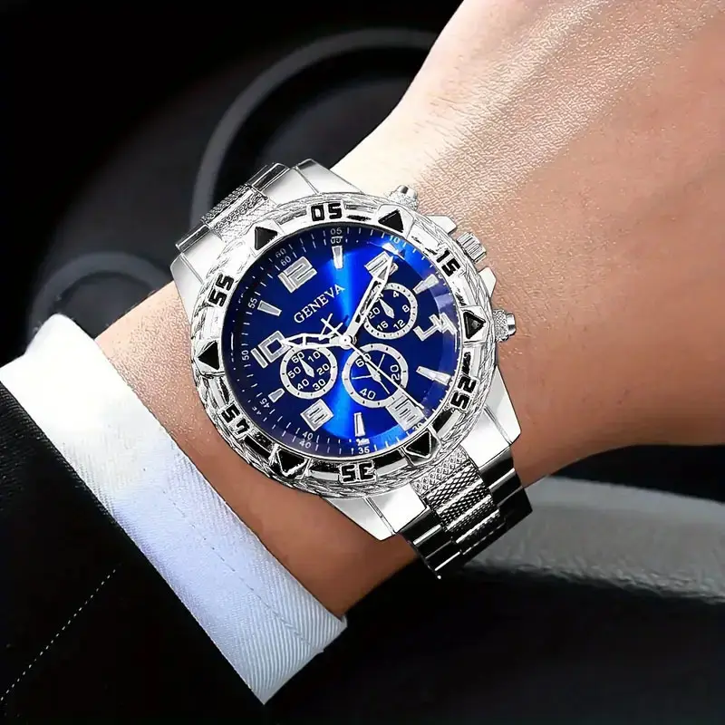 Men's Gold Chronograph Watch Blue Dial Quartz Steel Band - Image 3