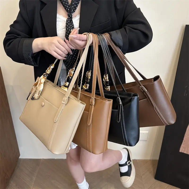 2025 Spring New Pu Solid Color Commuting Large Capacity Shoulder Bag College Student Casual Easiest for Match Popular Women's Tote Bag - Image 5