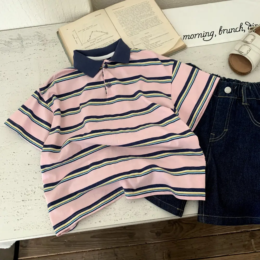 Boys Striped Polo Shirt Pink Navy Summer 2025