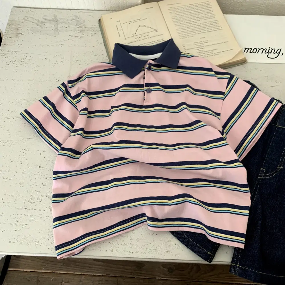 Boys Striped Polo Shirt Pink Navy Summer 2025 — feature 4