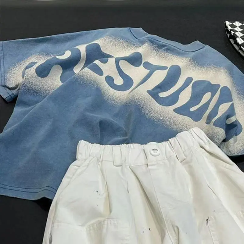 Children Bat Sleeve Tie-Dye T-Shirt Shorts Set Blue White — feature 4