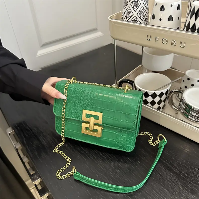 Green Croc Leather Chain Crossbody Bag for Women - Image 6
