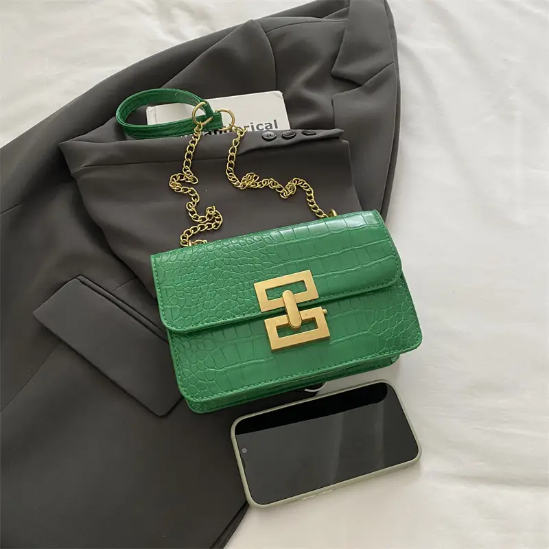 Green Croc Leather Chain Crossbody Bag for Women - Image 7
