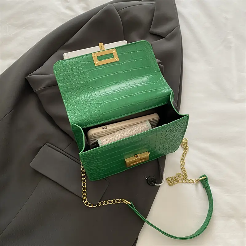 Green Croc Leather Chain Crossbody Bag for Women - Image 8