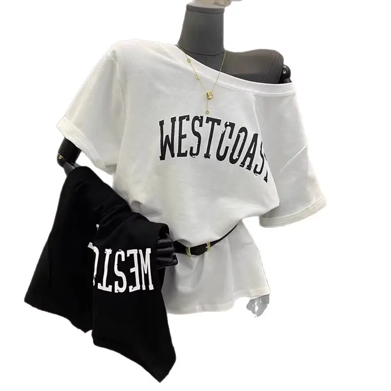 Women Korean Print Off Shoulder T-Shirt Set White Black - Image 5