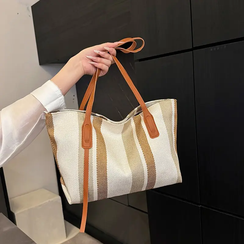 2025 Large Canvas Tote Bag with Vertical Stripes - Image 4